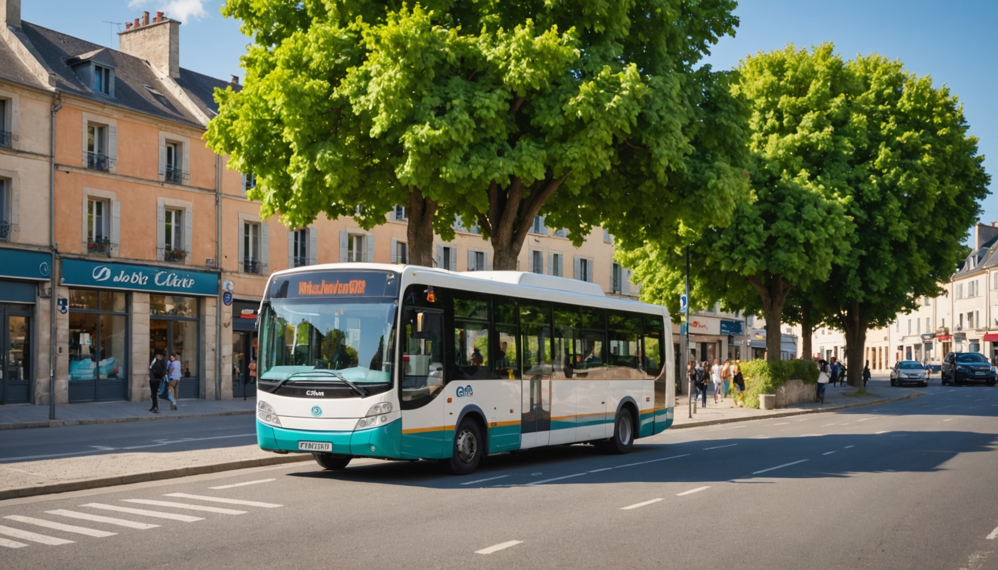Bus urbain à un arrêt dans un centre-ville normand, réseau SLAM de Saint-Lô Agglo