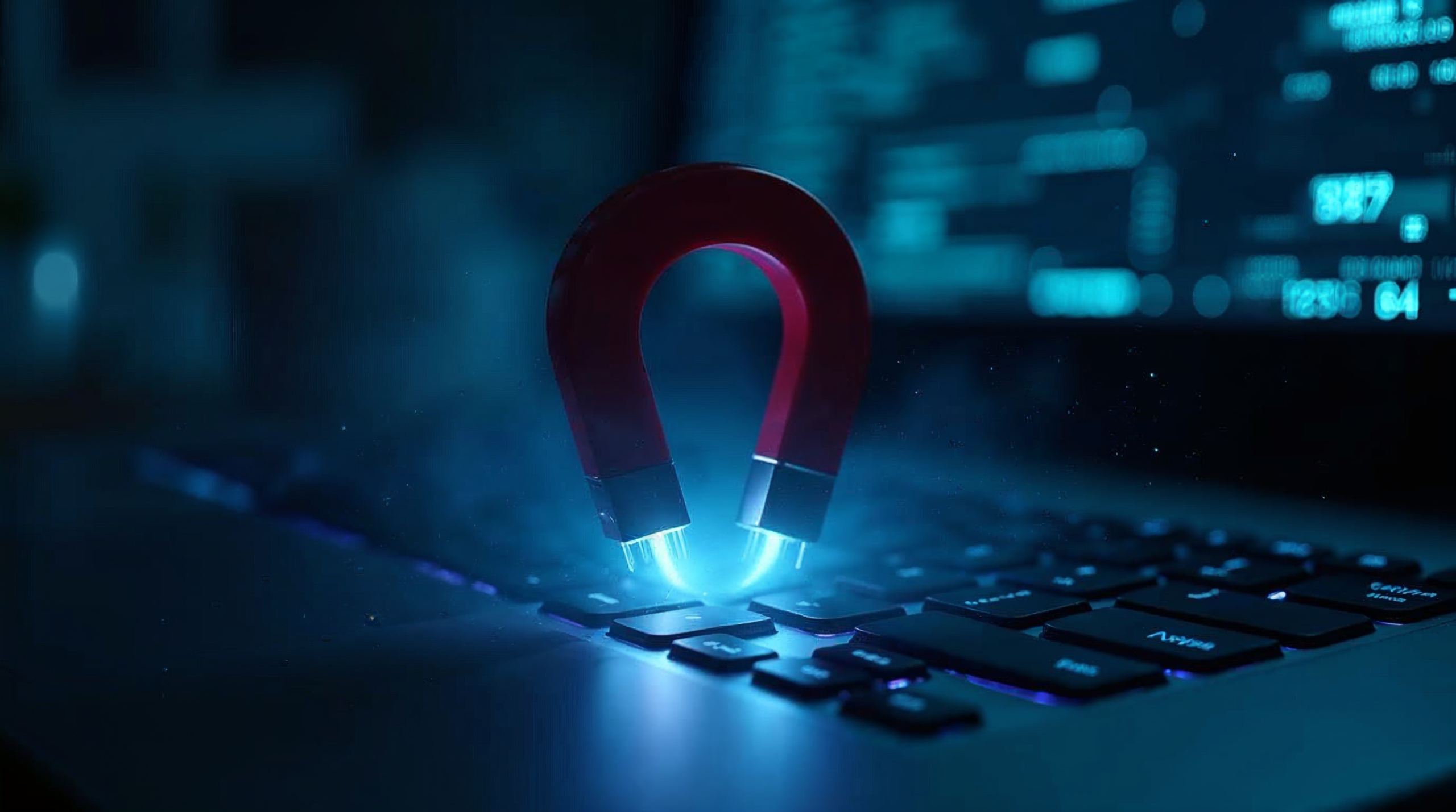 Aimant lumineux au-dessus d'un clavier, symbole du téléchargement torrent