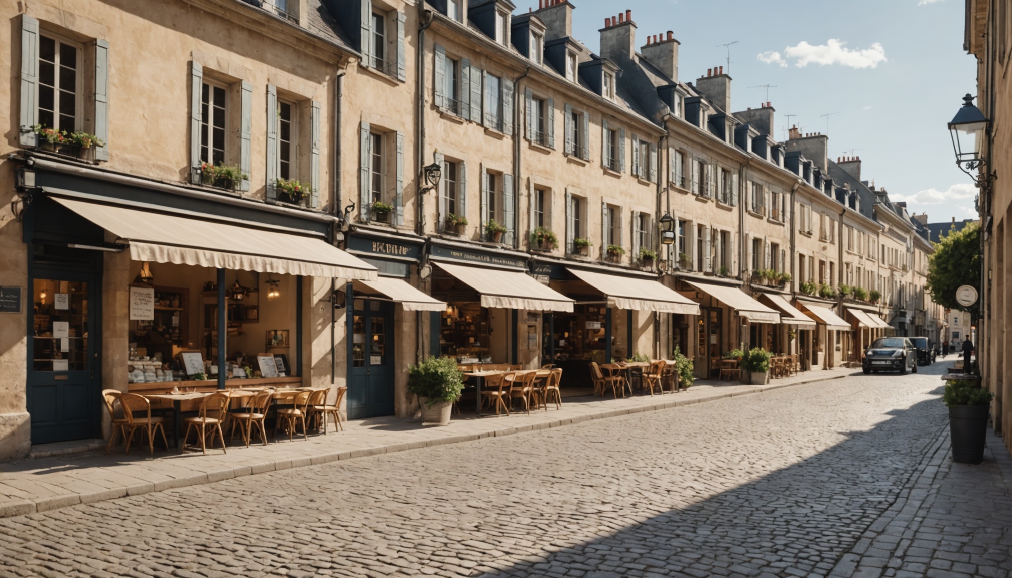 Rue commerçante d'un centre-ville français avec petites boutiques et cafés