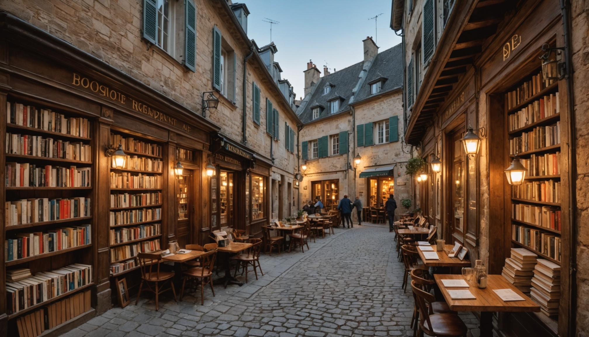 Intérieur chaleureux d'une librairie-café avec étagères de livres et clients installés pour lire