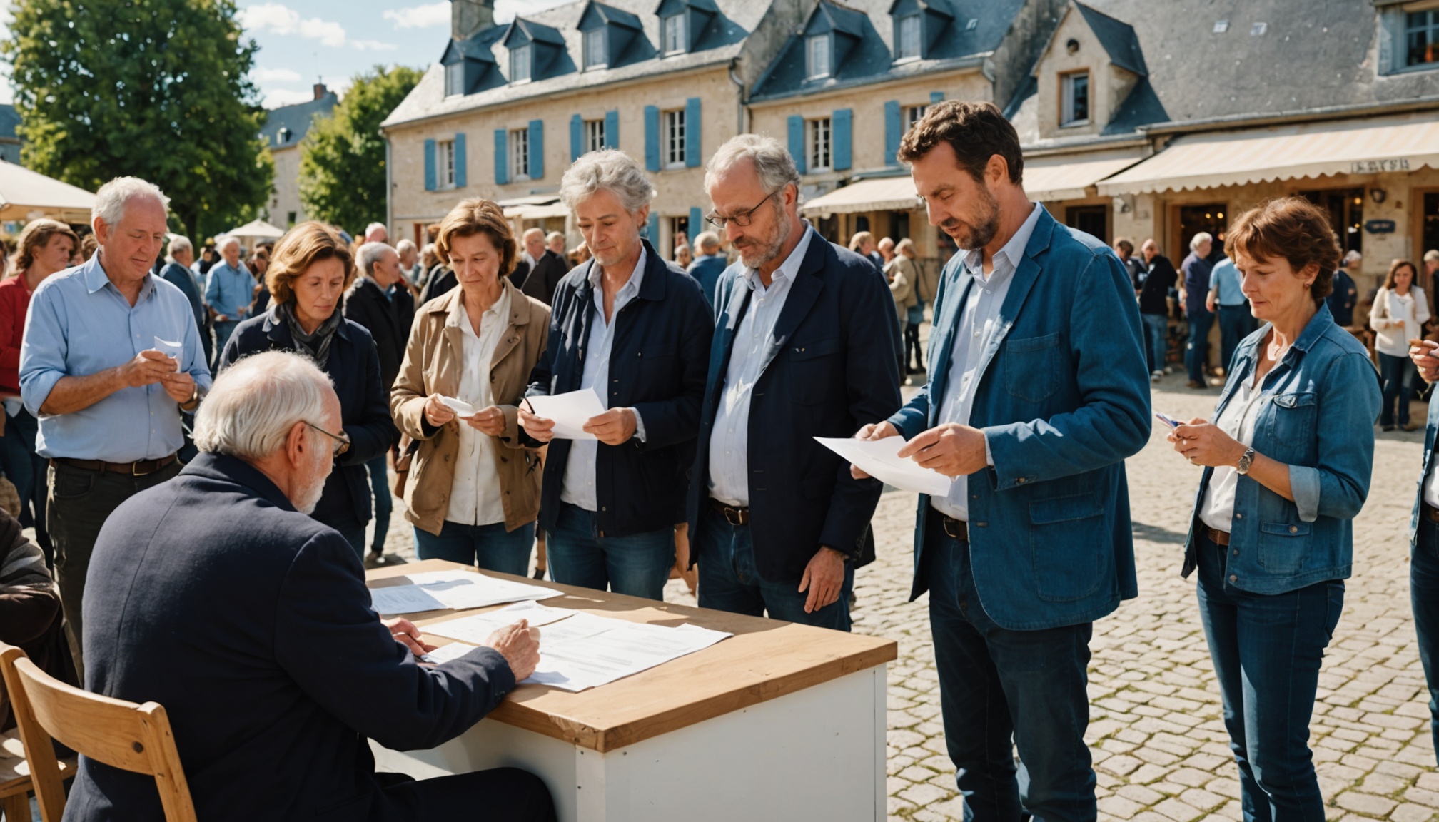 Habitants votant pour des projets locaux dans le cadre d'un budget participatif communal en Bretagne