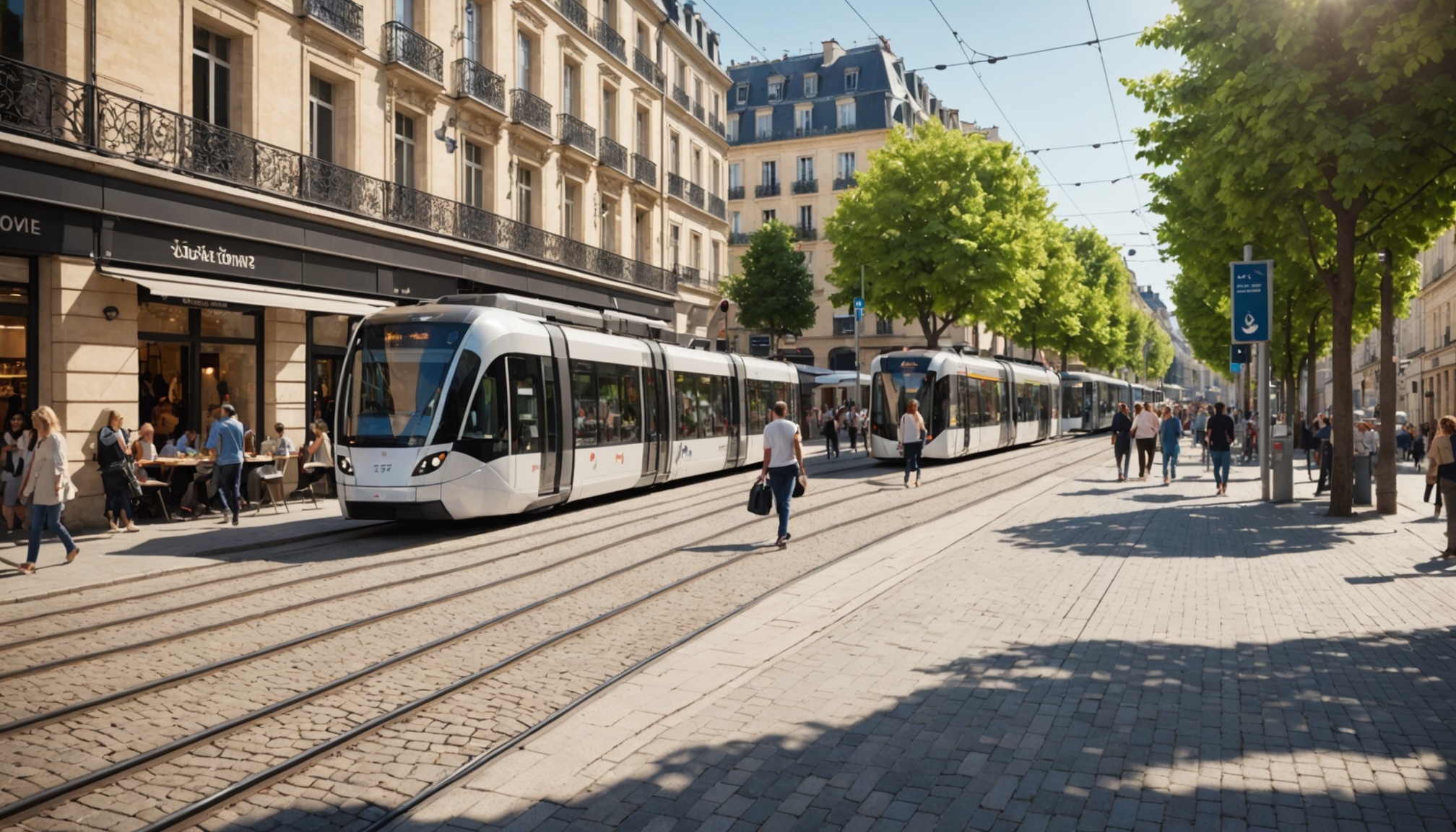 Station de tramway animée un samedi dans un centre-ville français, illustrant la gratuité des transports Soléa à Mulhouse