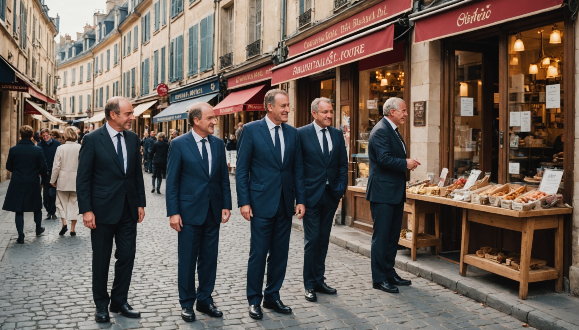 Un élu municipal échangeant avec des commerçants dans une rue commerçante française