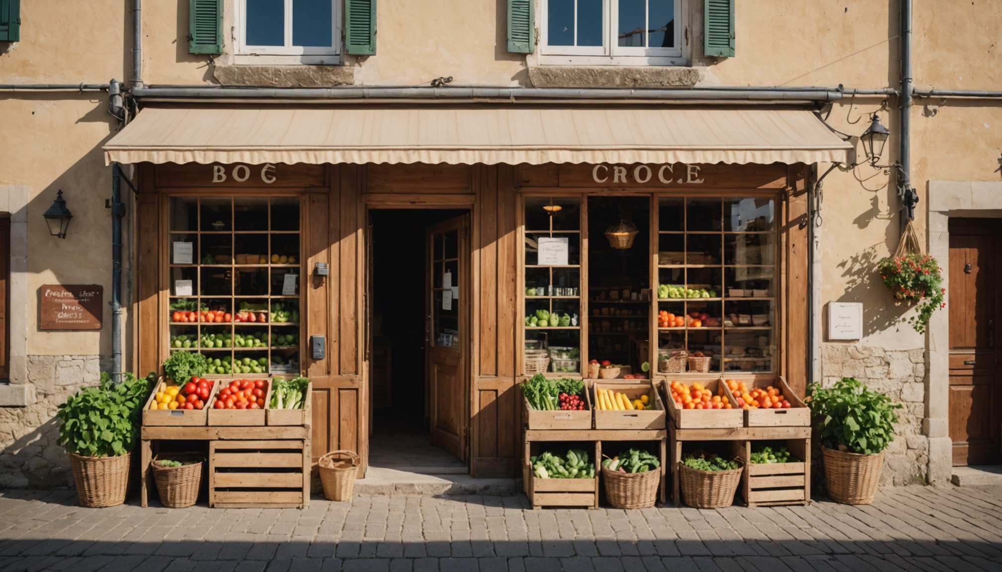 Devanture d'une épicerie associative de village avec des cageots de produits locaux