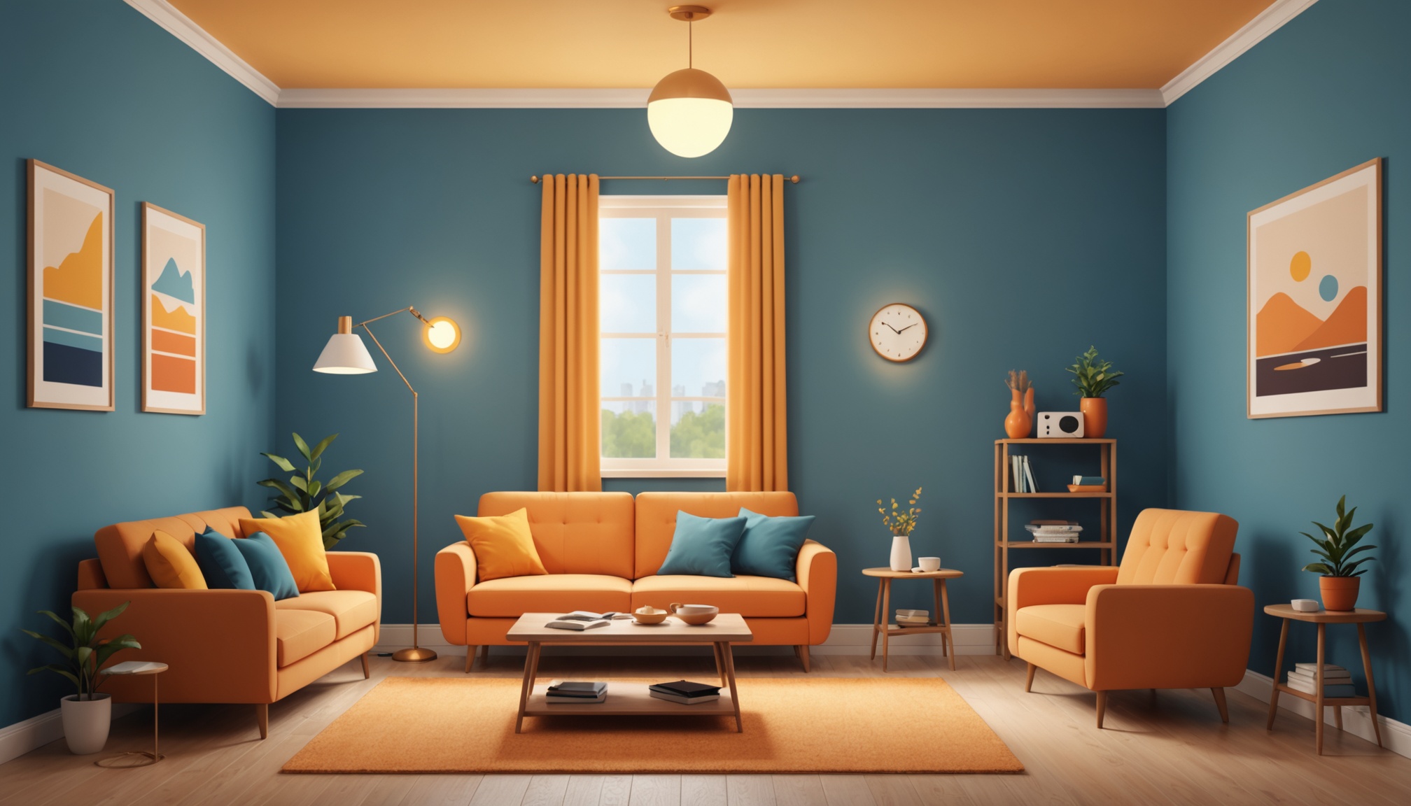 Illustration d'un salon avec compteur électrique et panneau solaire, symbole du comparateur électricité