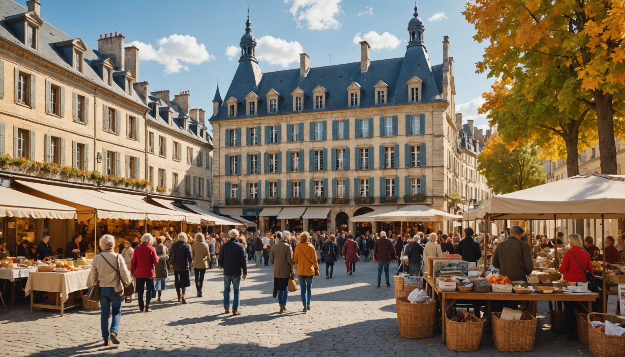 Marché en plein air animé sur une place de ville française en automne