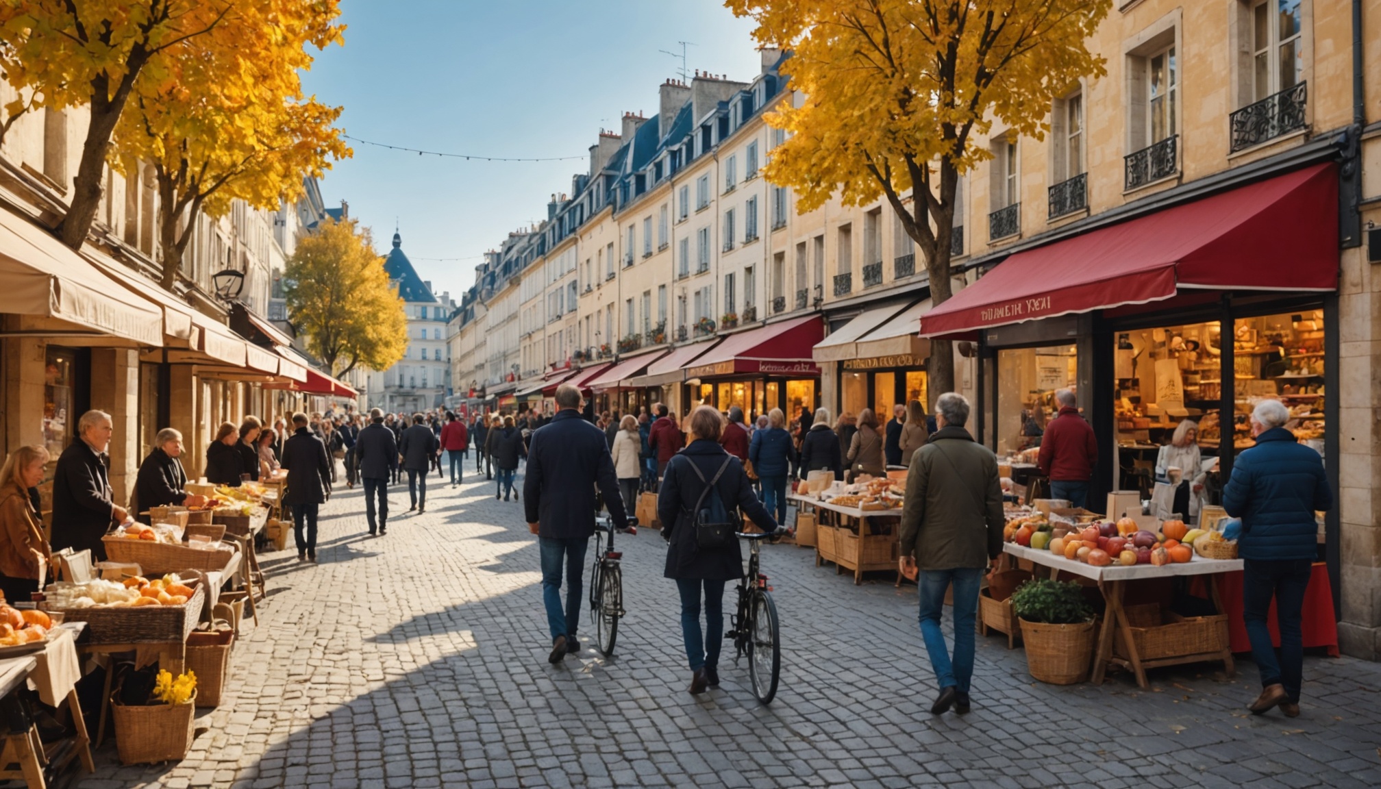 Rue piétonne animée avec commerces et passants lors d'un festival de centre-ville