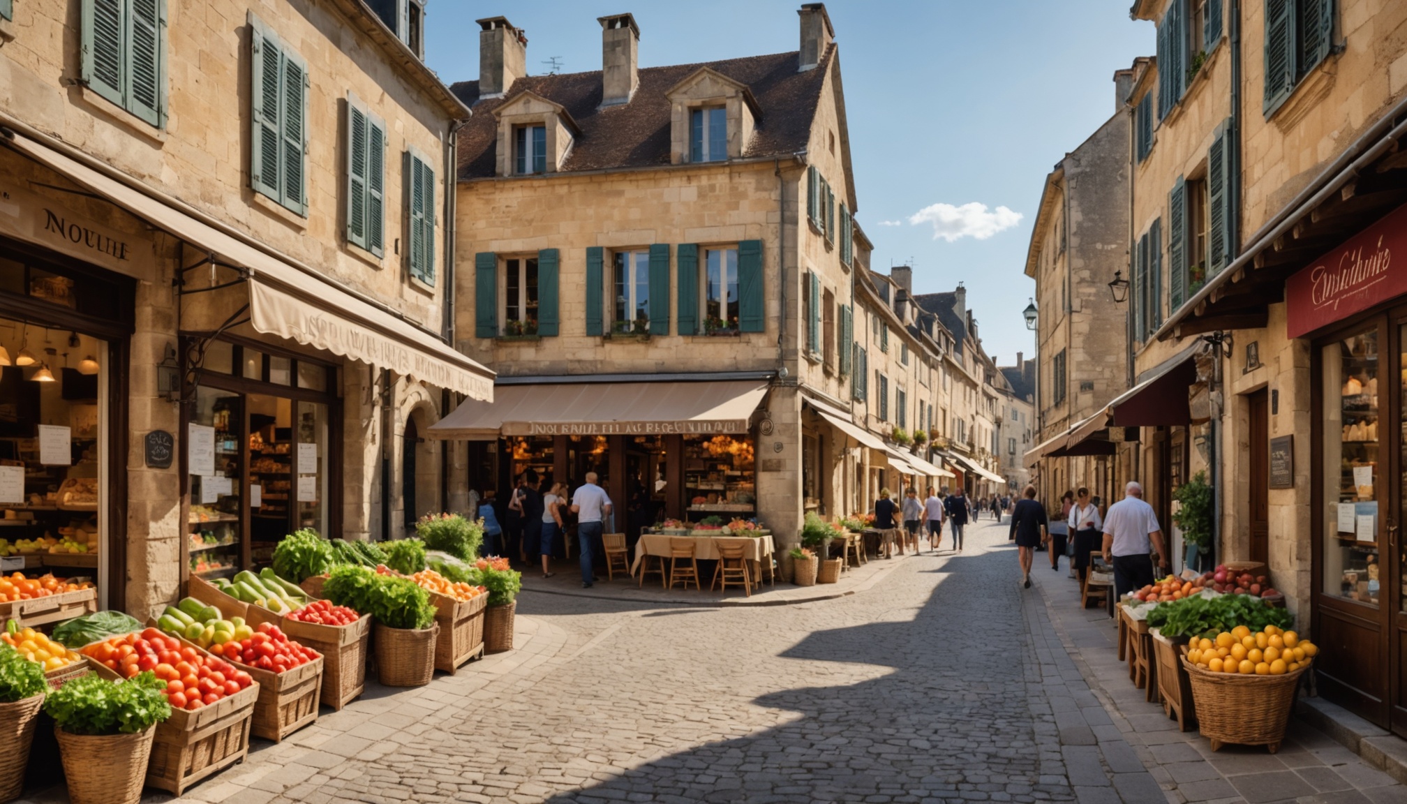 Rue commerçante d'un centre-ville français animée par un marché de producteurs locaux