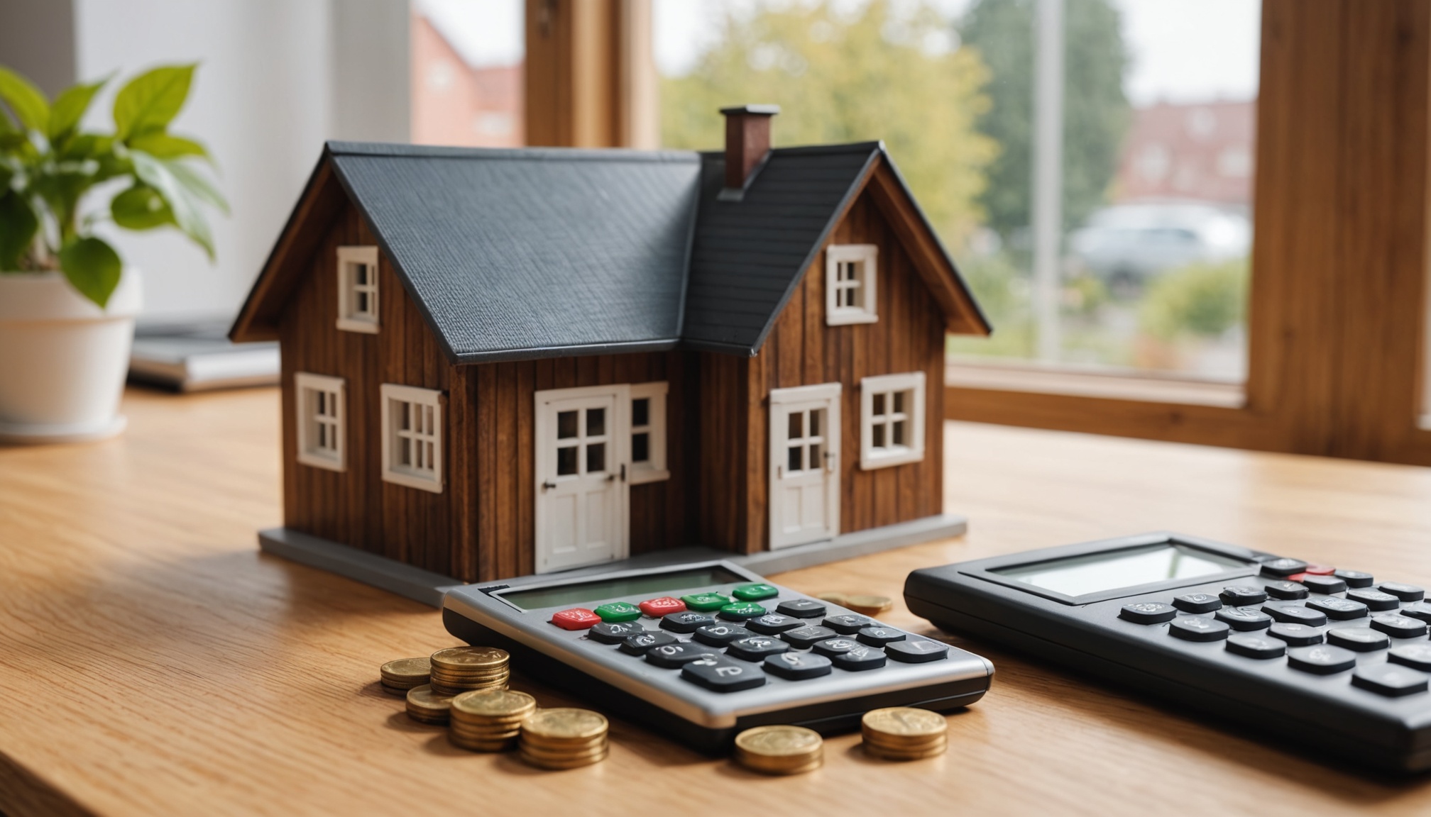 Maison miniature en bois, pièces d'euros empilées et calculatrice sur un bureau, symbole du calcul de la plus-value immobilière