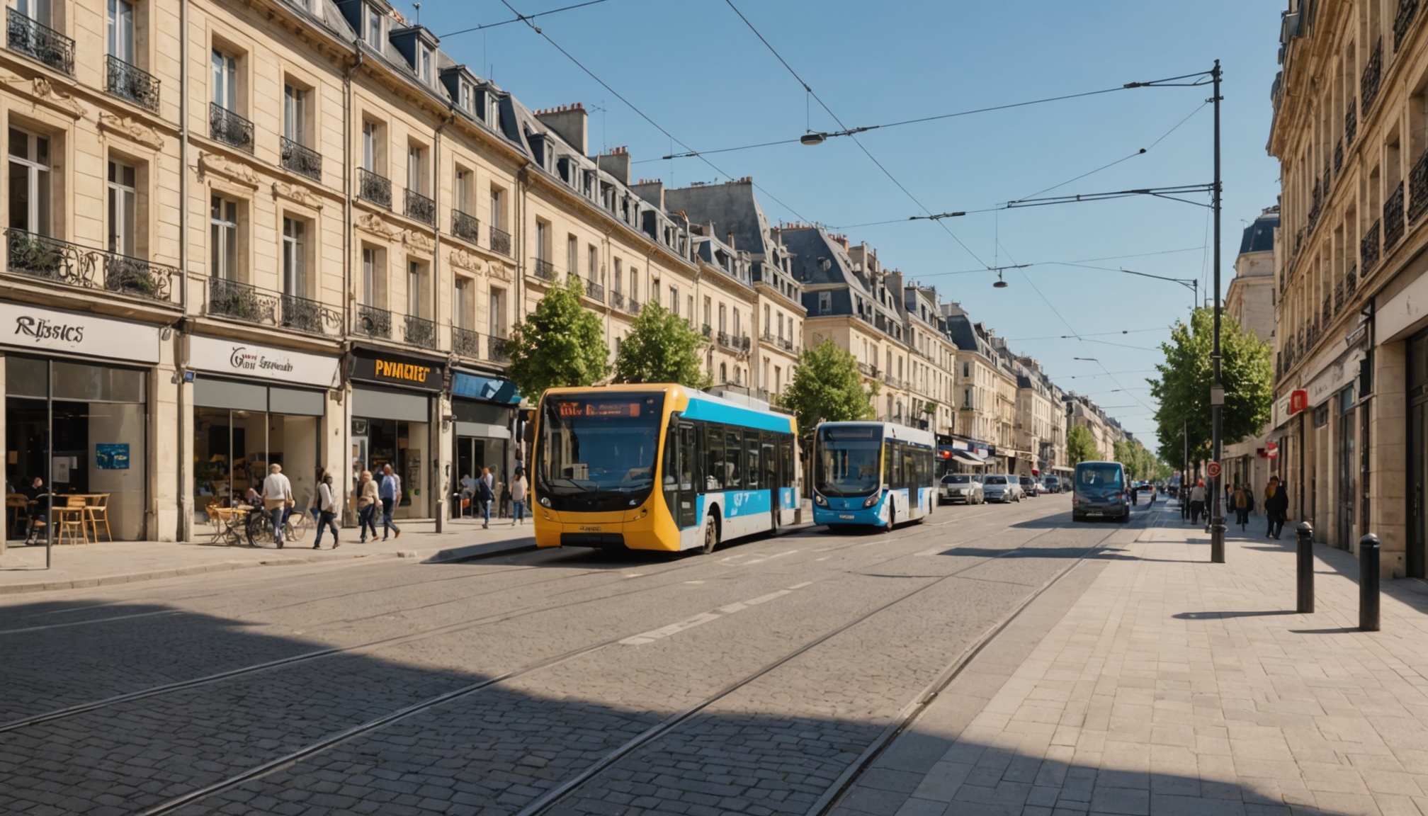Rue de centre-ville française avec places de stationnement et chantier de tramway en arrière-plan, illustration