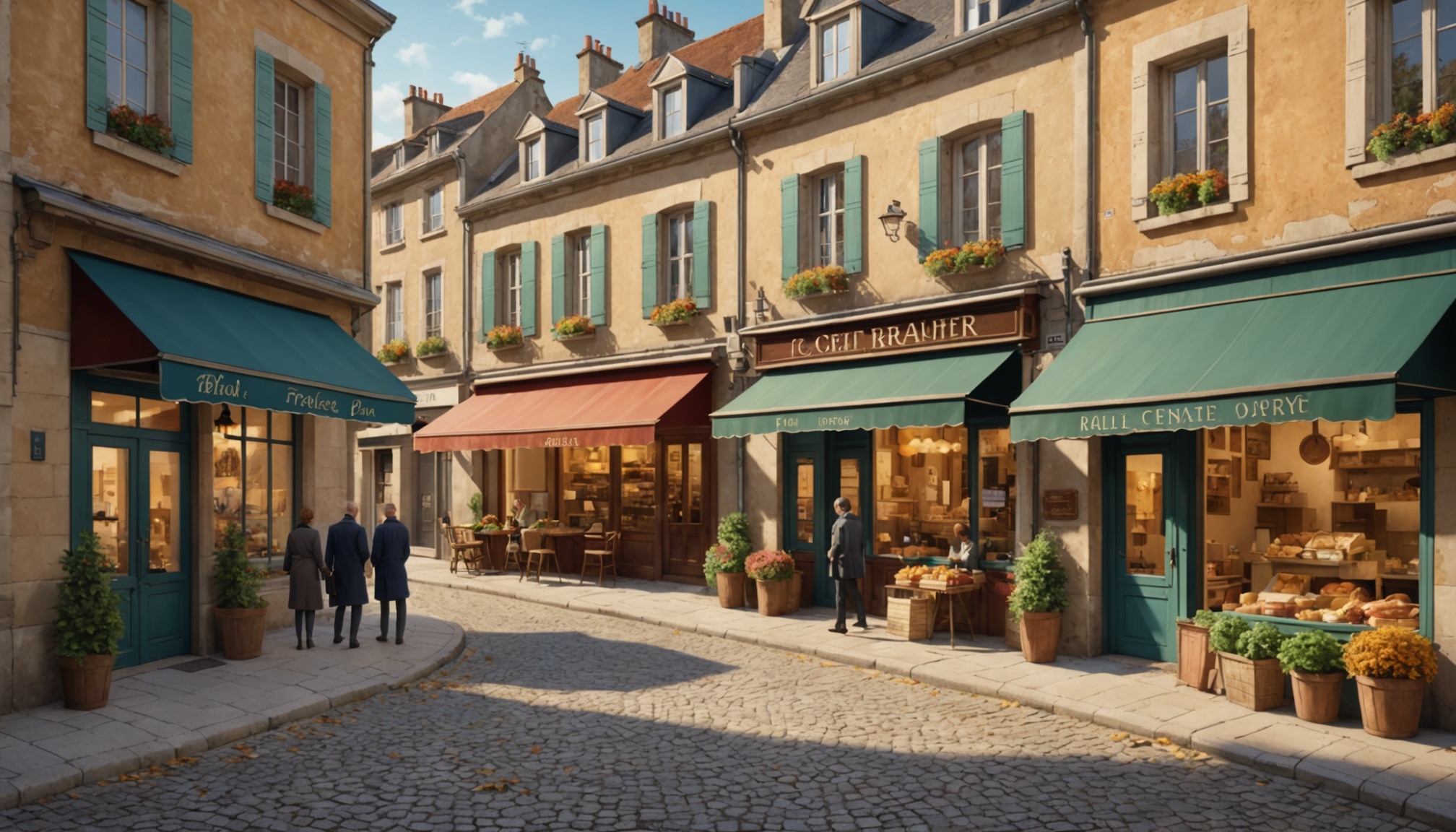 Illustration d'une rue commerçante de centre-ville en automne, échange entre un commerçant et un responsable municipal