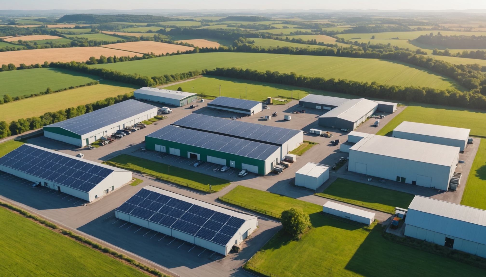 Illustration d'une zone d'activité industrielle rurale dans le Lot, en lien avec les emplois créés par le Grand Figeac
